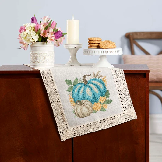 Herrschners Blue Pumpkin Lace Table Runner Stamped Cross-Stitch Kit