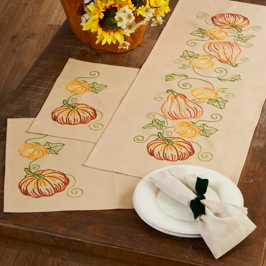 Herrschners Pumpkins & Gourds Table Runner & Place Mats Set Stamped Embroidery Kit