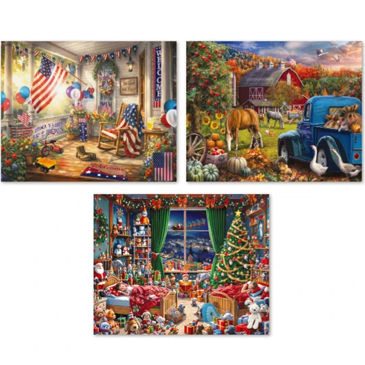 White Mountain Patriotic Porch, Farm in Fall & Night Before Christmas, Set of 3 Jigsaw Puzzle