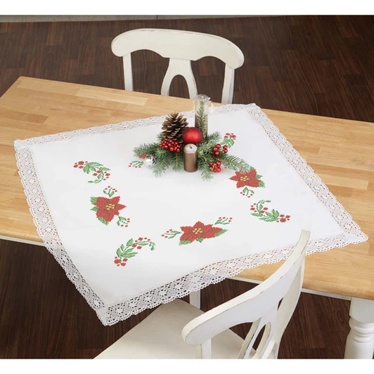 Herrschners Poinsettia Passion Lace Trimmed Table Topper Stamped Cross-Stitch Kit