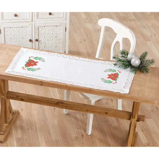 Herrschners Poinsettia Passion Lace-Trimmed Table Runner Stamped Embroidery Kit