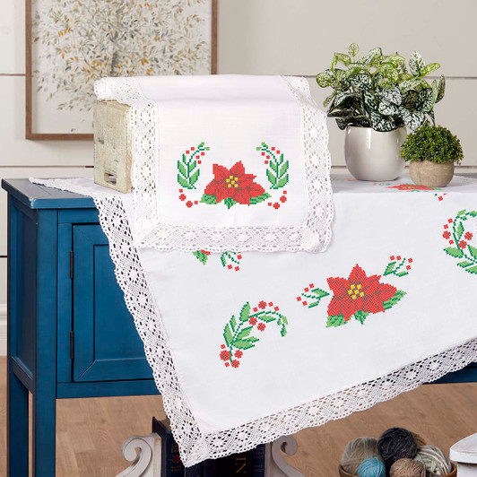 Herrschners Poinsettia Passion Lace Trimmed Table Topper & Runner Stamped Cross-Stitch Kit