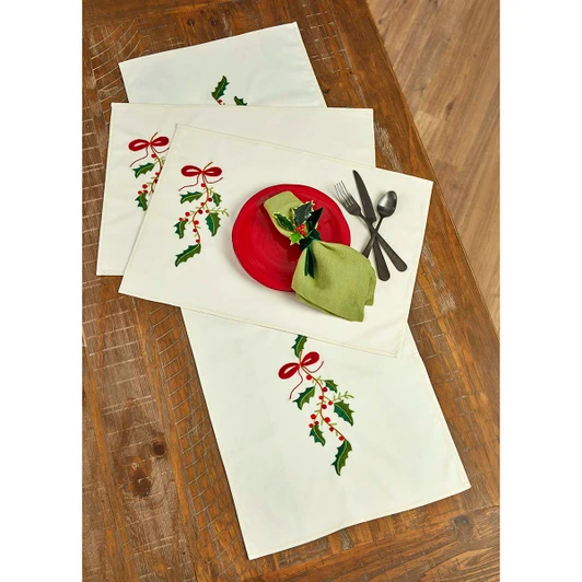 Herrschners Holly & Bows Table Runner & Place Mats Stamped Embroidery Kit