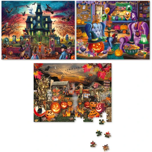 White Mountain Halloween Library, Jack O Lanterns &  Fright House, Set of 3 Jigsaw Puzzle