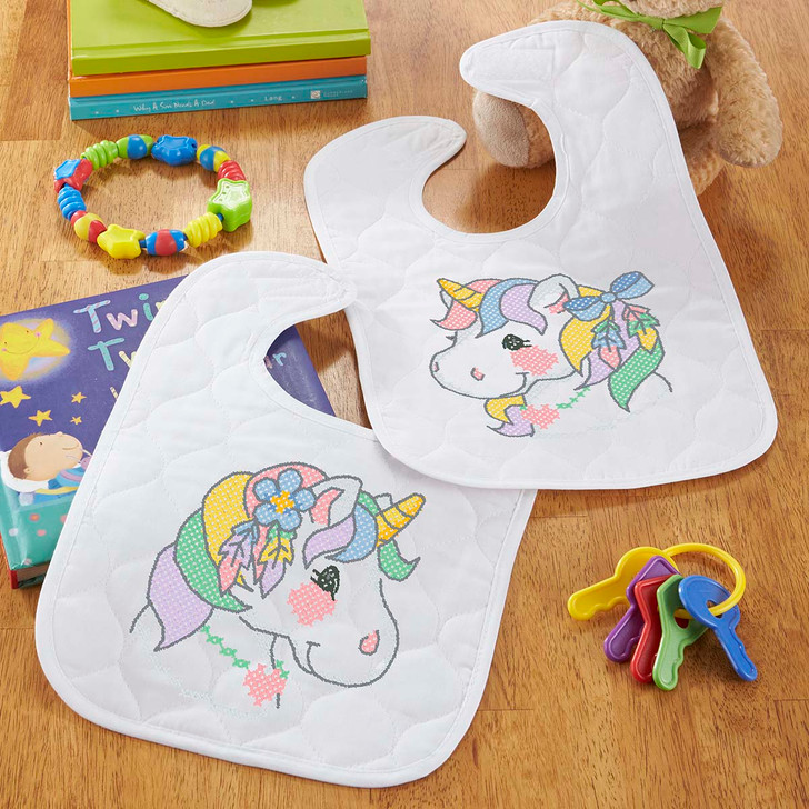 Baby by Herrschners Boho Rainbow Unicorn Baby Bibs Stamped Cross-Stitch Kit