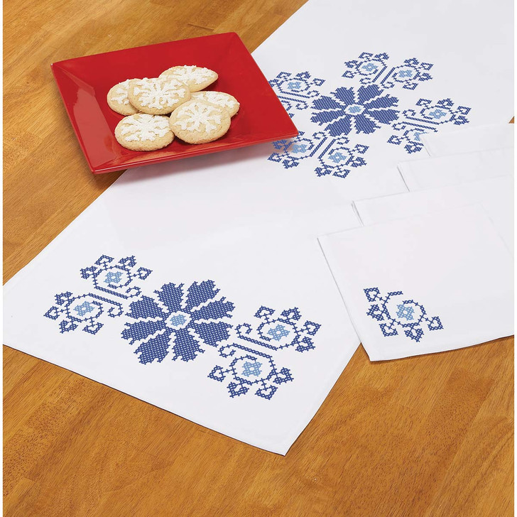 Herrschners Blue Tile Table Runner and Napkins Stamped Cross-Stitch