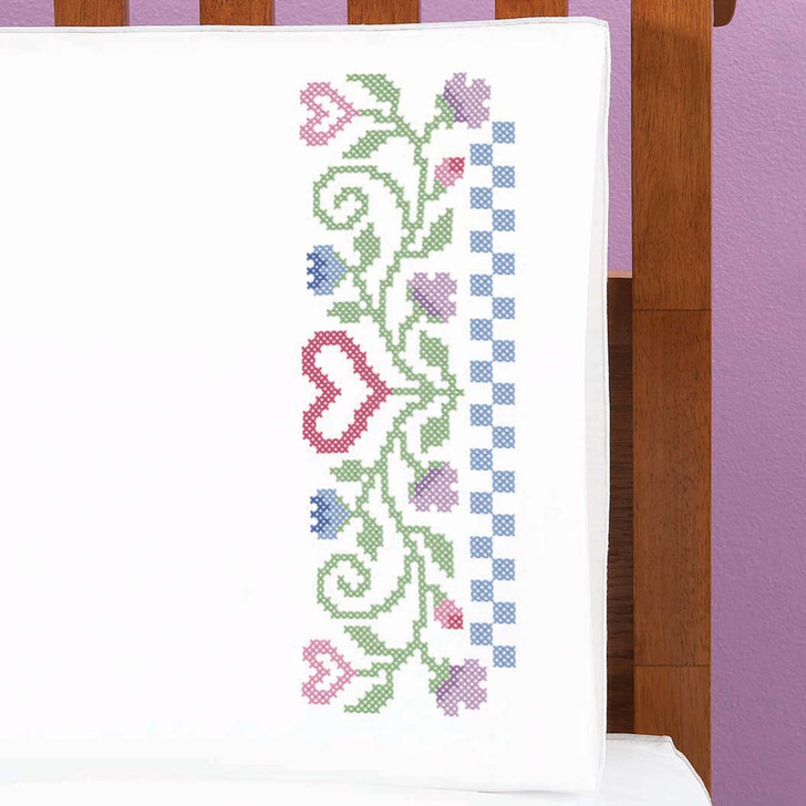 Herrschners Hearts Pillowcase Pair Stamped Cross-Stitch