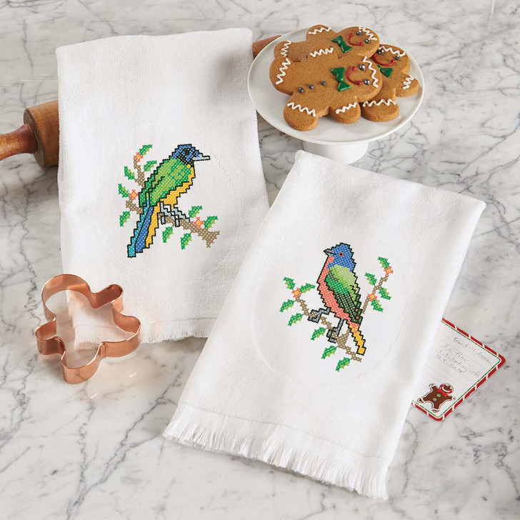 Herrschners Fancy Birds Terry Towel Pair Stamped Cross-Stitch