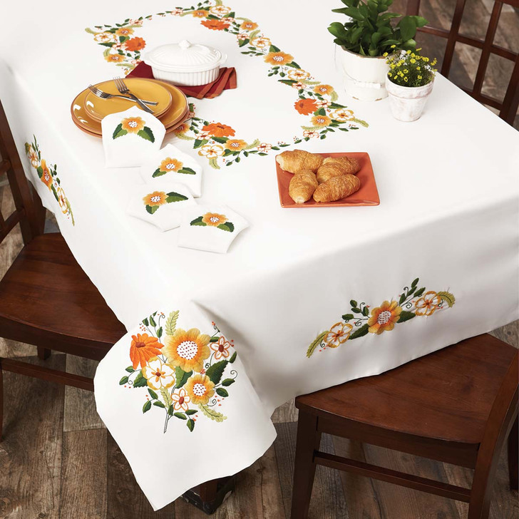 Herrschners Floral Showcase Tablecloth Stamped Embroidery