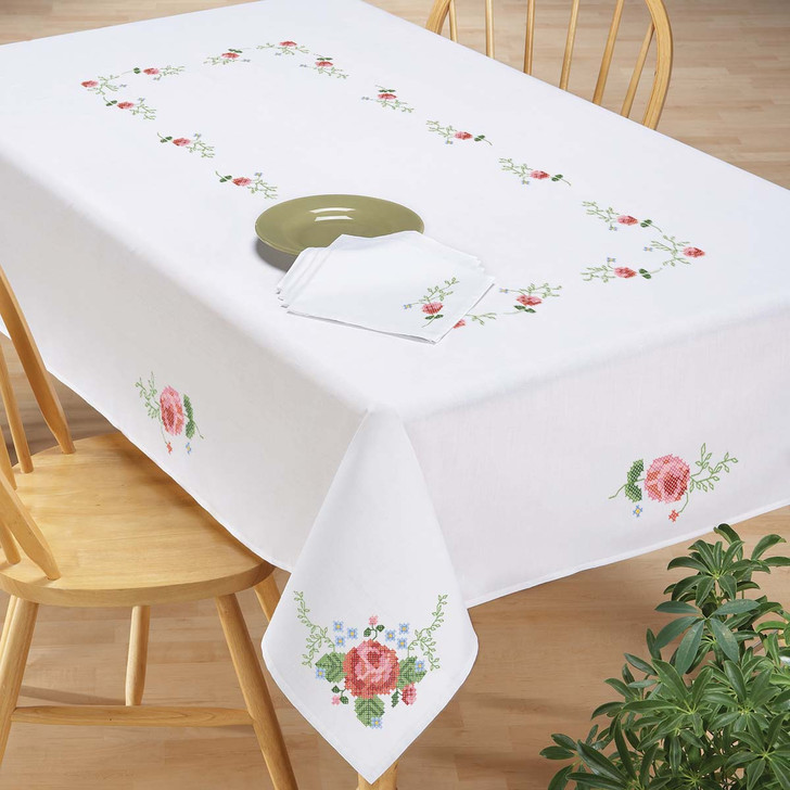 Herrschners Romantic Rose Tablecloth Stamped Cross-Stitch