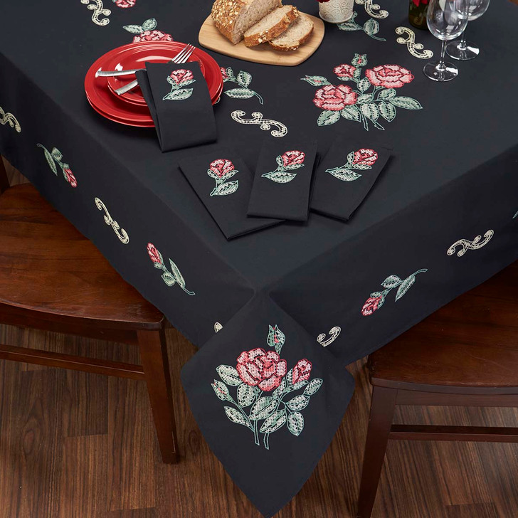 Nob Hill Red Roses on Black Table Linens Stamped Cross-Stitch