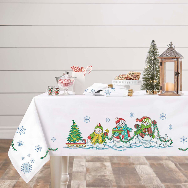 Herrschners Merry Snowmen Table Linens Stamped Cross-Stitch