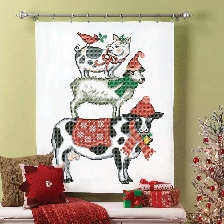Herrschners Holiday Animal Stack Lap Quilt Top Stamped Cross-Stitch