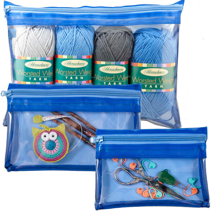 Set of 3 - Mesh Clear Zipper Pouches (Blue) Accessory