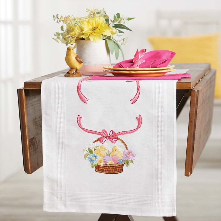 Village Linens Bunny Basket Table Runner & Napkins Stamped Embroidery Kit