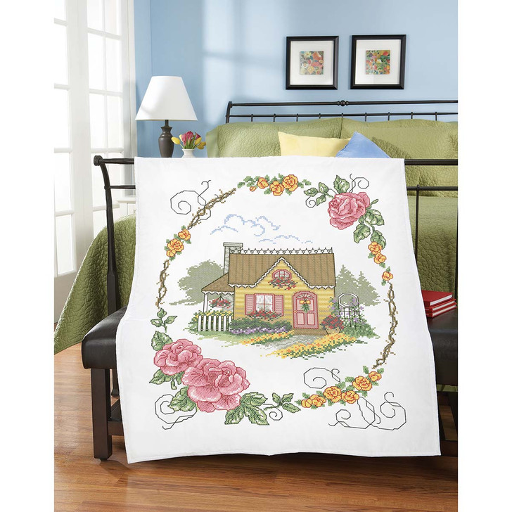 Herrschners Cozy Cottage Lap Quilt Top Stamped Cross-Stitch