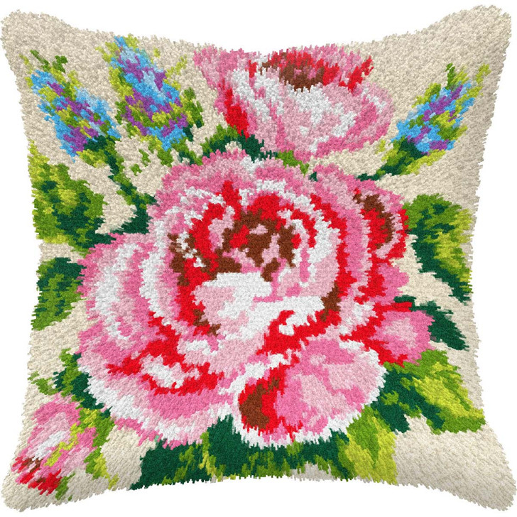 Orchidea Pink Roses & Blue Flowers Pillow Cover Latch Hook Kit