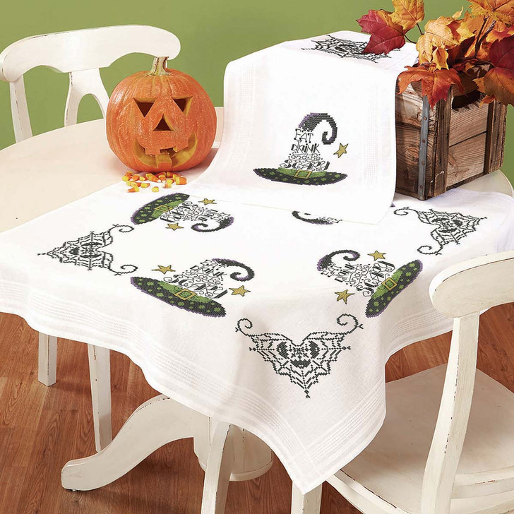 Herrschners Eat, Drink, & Be Scary Table Topper & Runner Stamped Cross-Stitch