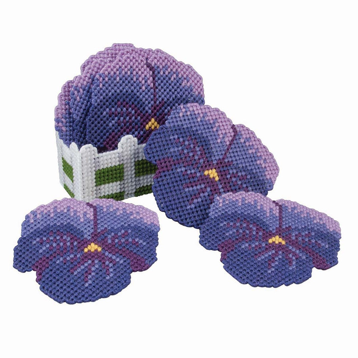 Herrschners Purple Pansies Coasters with Holder Plastic Canvas Kit