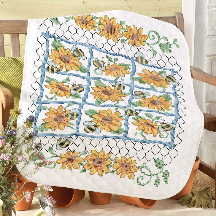 Herrschners Pre-Quilted Bees & Sunflowers Lap Quilt Stamped Cross-Stitch