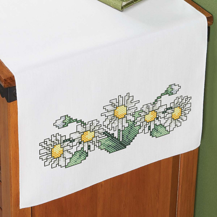 Herrschners Dancing Daisies Dresser Scarf Stamped Cross-Stitch