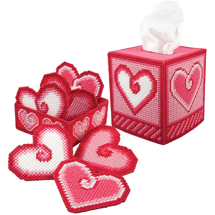 Herrschners Swirling Hearts Coasters & Tissue Box Plastic Canvas Kit