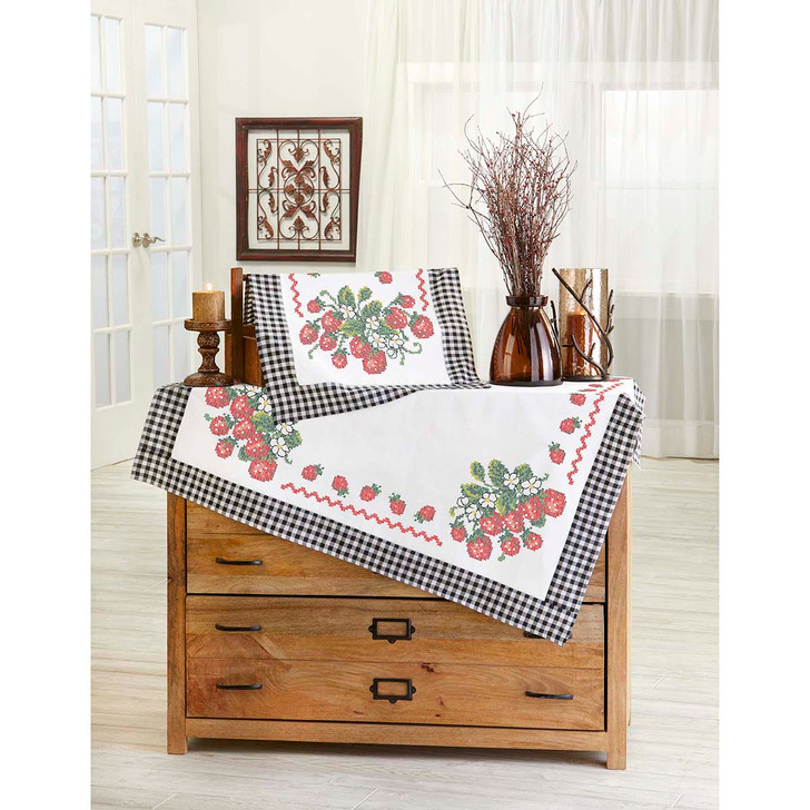 Herrschners Strawberries & Gingham Table Topper & Runner Stamped Cross-Stitch