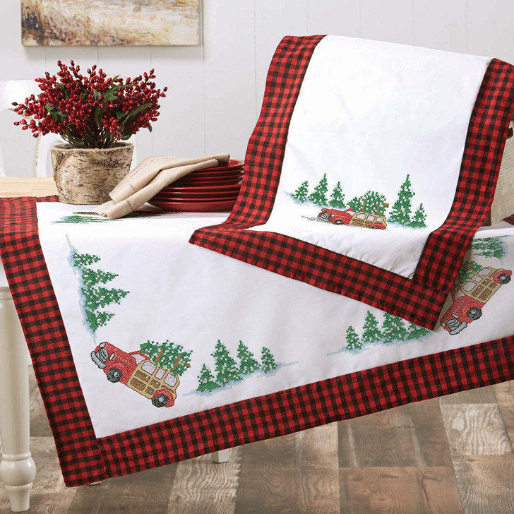 Herrschners Woody Pines Plaid Table Topper & Runner Stamped Cross-Stitch