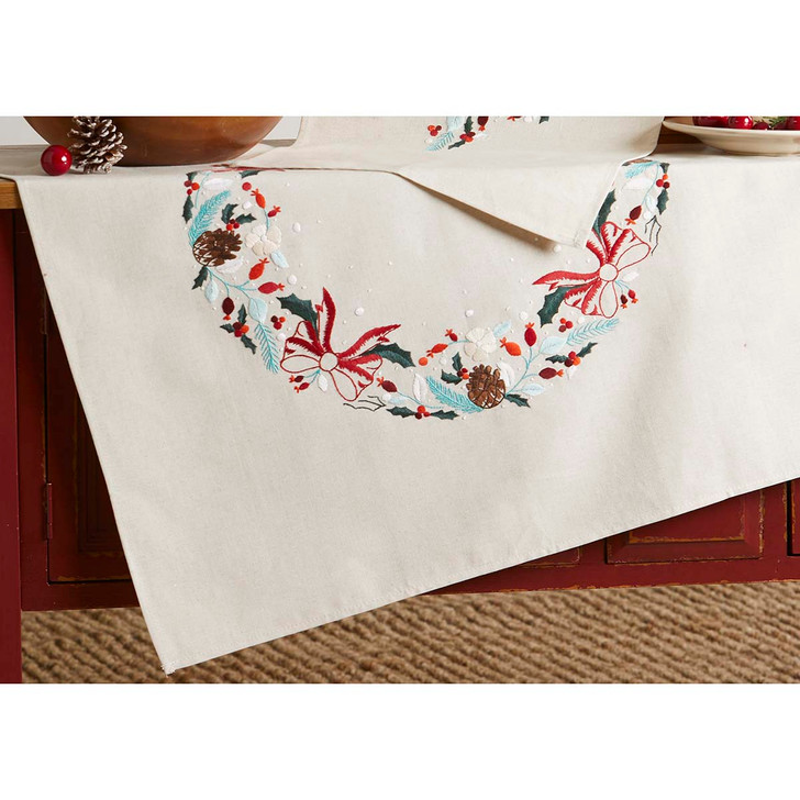 Nob Hill Holiday Greenery Table Topper Stamped Embroidery Kit