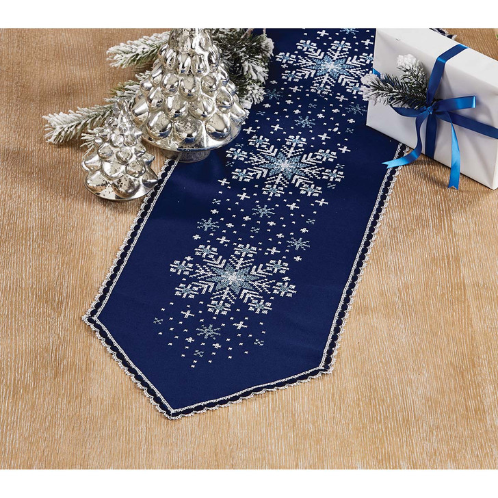 Nob Hill Christmas Snowflakes Table Runner Stamped Cross-Stitch Kit