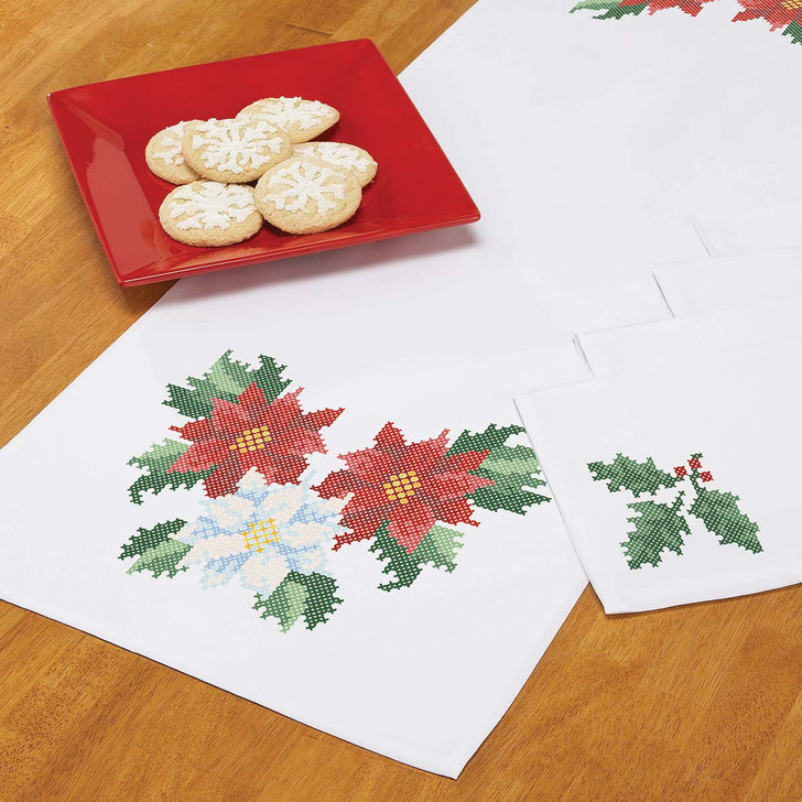 Herrschners Christmas Blooms Table Runner & Napkins Stamped Cross-Stitch