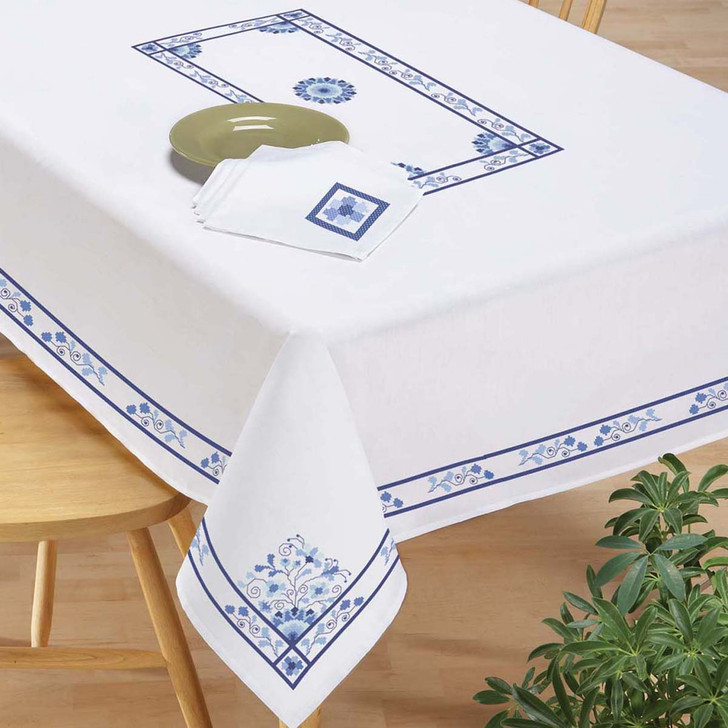 Herrschners Blue Delft Table Linens Stamped Cross-Stitch