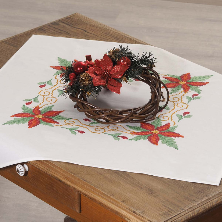 Nob Hill Poinsettia Table Toppper Stamped Cross-Stitch Kit