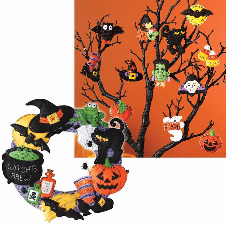 Bucilla Witch's Wreath & Halloween Ornaments, Set of 2 Felt & Sequin Kit