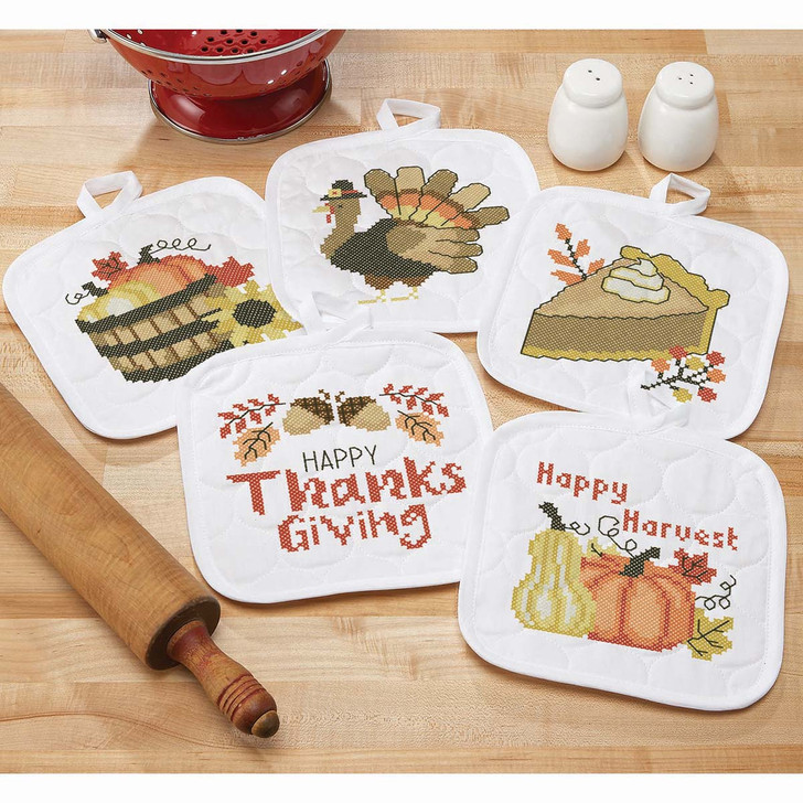 Herrschners Happy Harvest Pot Holders Stamped Cross-Stitch