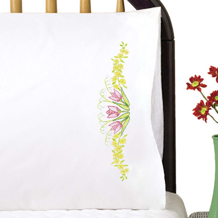 Design Works Tulip Time Pillowcase Pair Stamped Embroidery