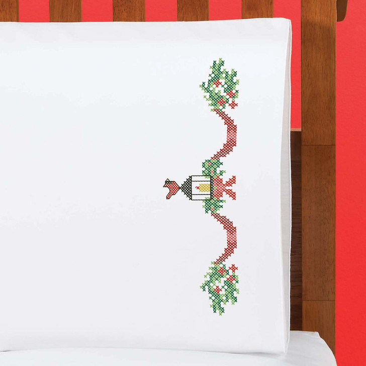 Herrschners Christmas Lantern Pillowcase Pair Stamped Cross-Stitch