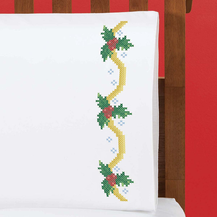 Herrschners Holly Garland Pillowcase Pair Stamped Cross-Stitch