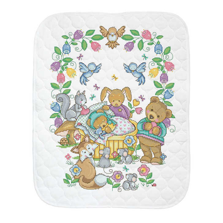 希少 ヴィンテージ 刺繍 1点物 キッズ ベッドカバー ナーサリー キルト 動物 Herrschners Woodland Welcome Baby Quilt Stamped Cross-Stitch Kit