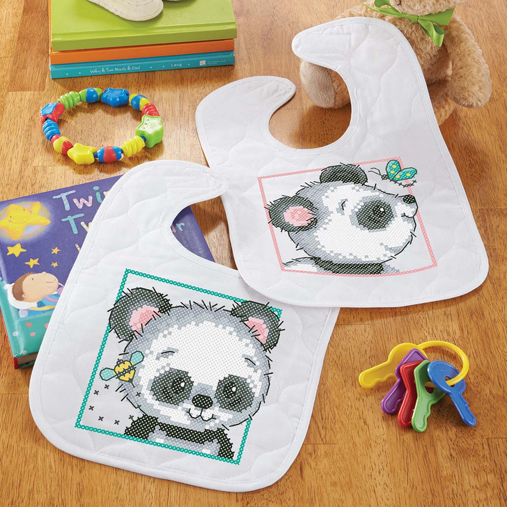 Herrschners Playful Pandas Bibs Stamped Cross-Stitch Kit