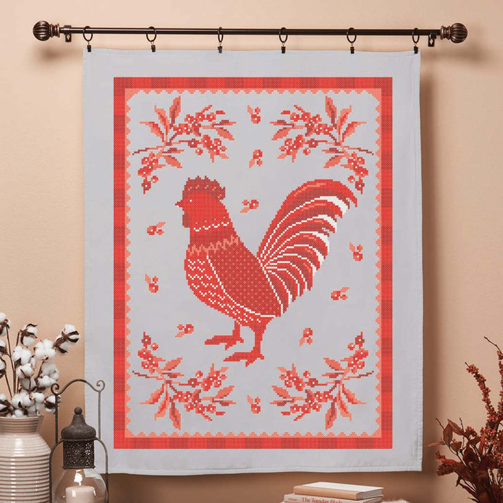 Herrschners Redwork Rooster Lap Quilt Top Stamped Cross-Stitch Kit