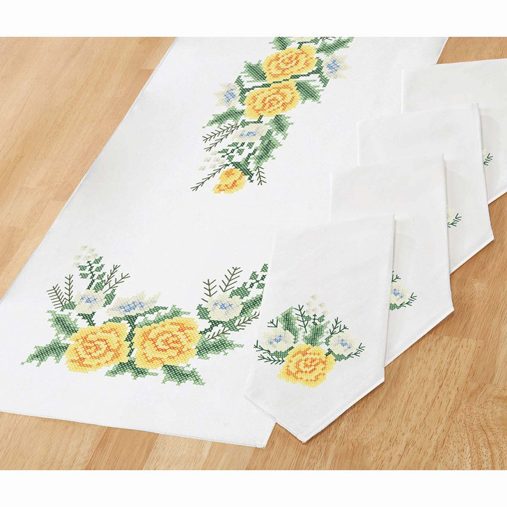 Herrschners Sunshine Roses Table Runner & Napkins Stamped Cross-Stitch