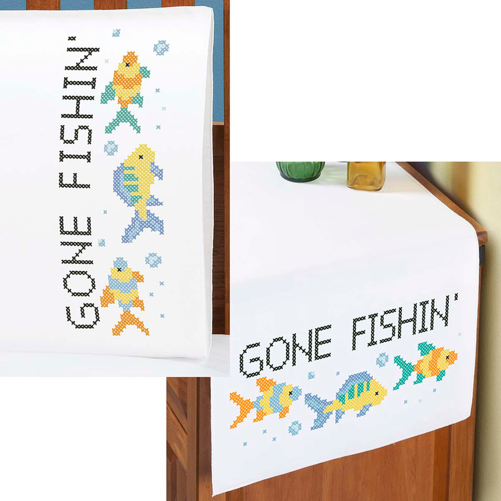 Gone Fishin Pillowcase Pair or Dresser Scarf Thread Kit