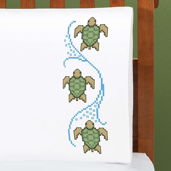 Herrschners Swimming Turtles Pillowcase Pair Stamped Cross-Stitch