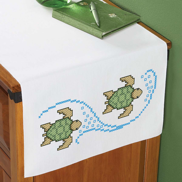 Herrschners Swimming Turtles Dresser Scarf Stamped Cross-Stitch