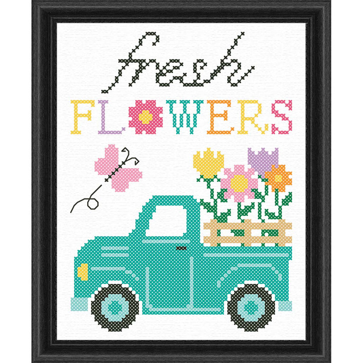 Herrschners Trucking Fresh Flowers Kit & Frame Stamped Cross-Stitch
