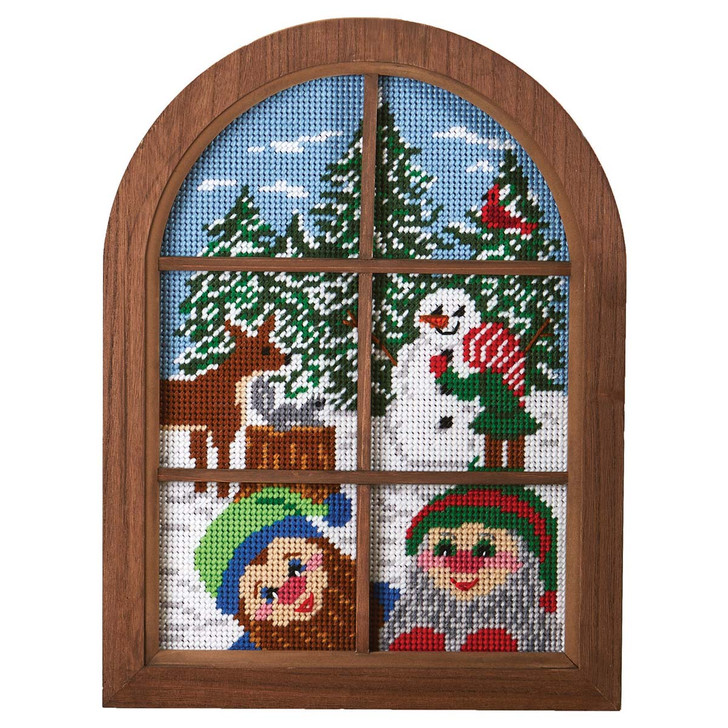 Herrschners Holiday Elves Window Wall Hanging Kit & Frame Plastic Canvas