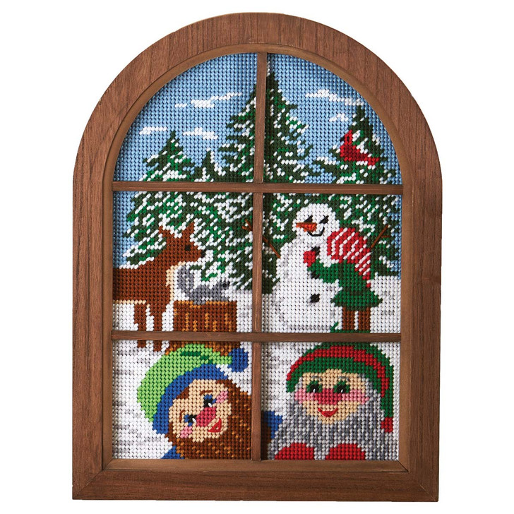 Herrschners Holiday Elves Window Wall Hanging Kit & Frame Plastic Canvas Kit