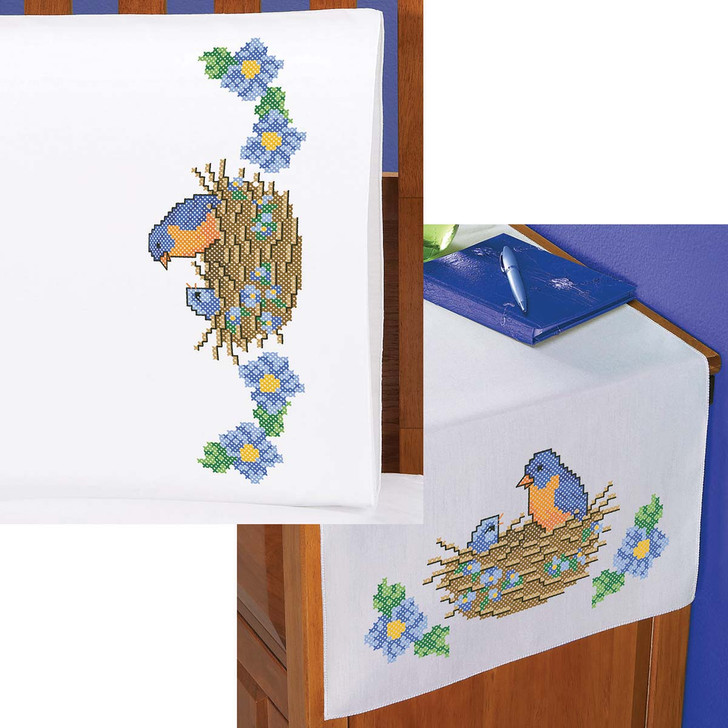 Bluebird Nest Pillowcase Pair or Dresser Scarf Thread Kit