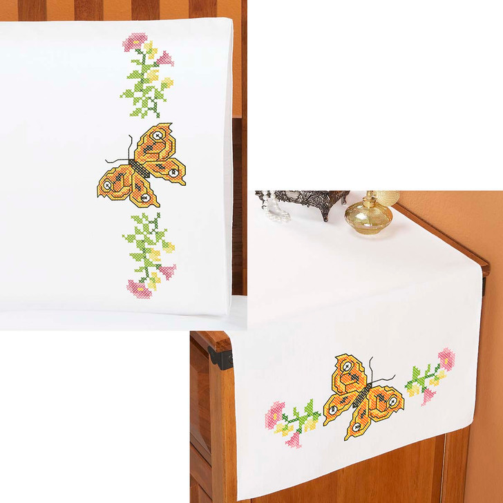 Butterfly Flutter Pillowcase Pair or Dresser Scarf Thread Kit